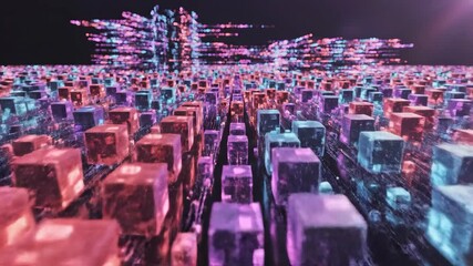 Dynamic abstract digital city grid with glowing neon cubes and intricate data lines representing advanced technology artificial intelligence big data processing and the interconnected future of compu. - Powered by Adobe