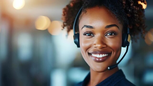 Customer Service Smile: A professional, wearing a headset, exudes warmth and approachability, ready to assist with a genuine smile that promises helpful solutions.