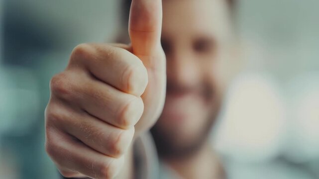 Thumbs Up: A close-up shot of a hand giving a thumbs-up gesture, symbolizing approval, positivity, and agreement. A soft background emphasizes the hand's expressive gesture.
