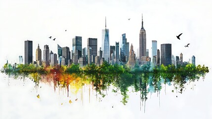 Fototapeta premium Skyline Symphony: A vibrant cityscape with soaring skyscrapers and iconic structures reflected in a colorful landscape, creating a harmonious blend of urban and natural elements.