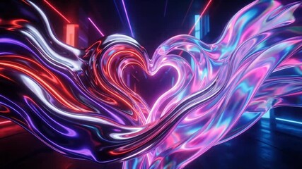 A fluid, iridescent heart shape formed from flowing, metallic ribbons with neon lights. - Powered by Adobe