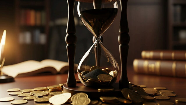 Time is money concept with hourglass and gold coins on wooden desk in library