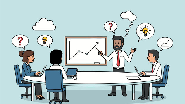 Vector Funny Comic Cartoon of Business Team Brainstorming and Problem Solving in a Meeting