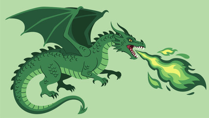 Fototapeta premium Vector Illustration of a Fabulous Magical Dragon Breathing Green Fire