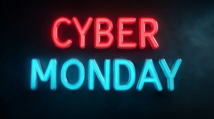 Cyber Monday glowing sign in blue and red lights against a dark background, perfect for advertising
