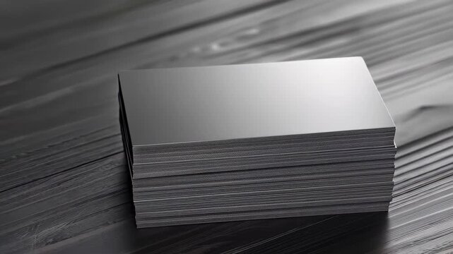 Business Card Stack: A close-up shot captures a stack of sleek, blank business cards, showcasing their crisp edges and refined texture. These are perfectly arranged on a wood texture.
