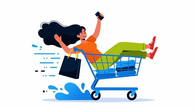 Excited Woman Riding Fast in Shopping Cart Holding Phone and Bag
