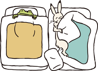 鳥獣戯画　うさぎとカエル和風の布団で眠るイラストレーション