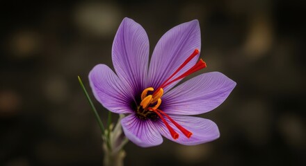 Fototapeta premium Vibrant purple saffron flower with bright orange stamens