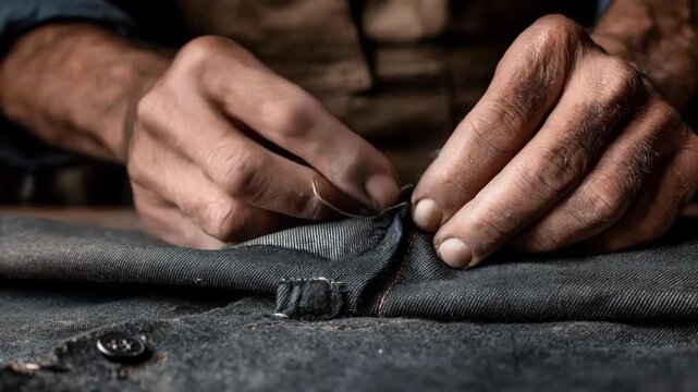 Midshot of a person skillfully snapping a magnetic button into place on a recycled fabric jacket emphasizing ecofriendly materials and repair.