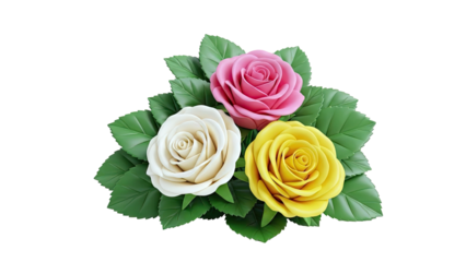 Three Roses - Pink, Cream, and Yellow with Green Leaves