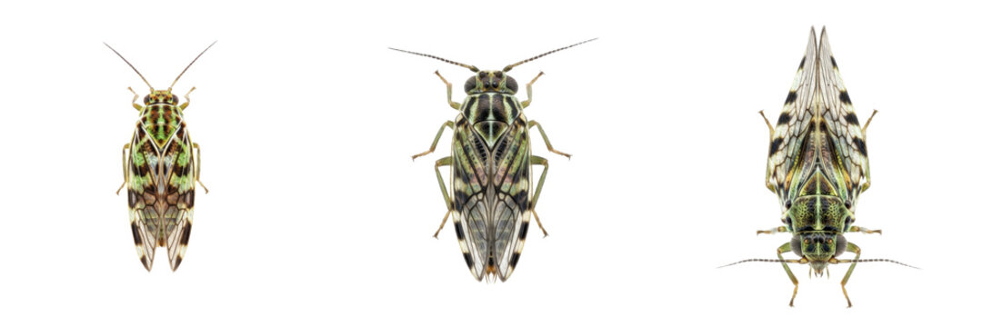 Leafhoppers Insect Species (Cicadellidae Family) in Various Poses for Entomology, Agriculture, Biology Education and Nature Studies Isolated on White Transparent PNG Background