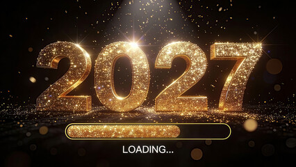 A celebratory digital art piece displaying the year '2027' in large, thick numerals completely encrusted with sparkling golden glitter. Happy New Year, New Year