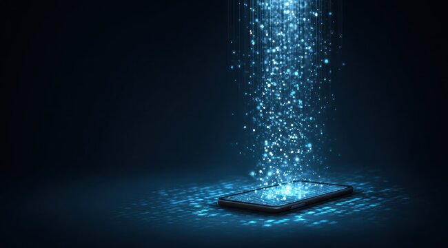 Smartphone receiving glowing blue digital data stream in dark environment - Powered by Adobe