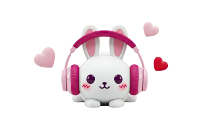 Cute Bunny with Pink Headphones and Hearts