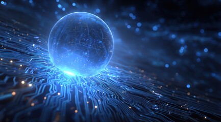 Glowing blue sphere rests on abstract digital circuit board background