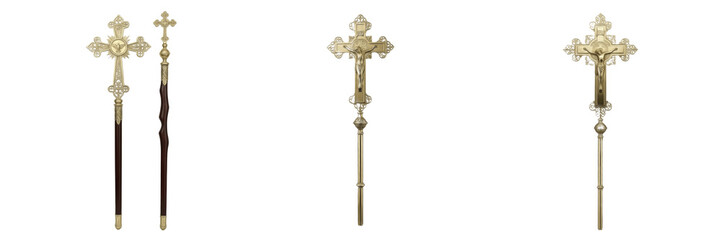 Church processional cross used in religious ceremonies, worship processions, and ceremonial rituals isolated on white background