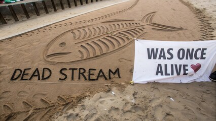Fish skeleton sand art on beach reads dead stream
