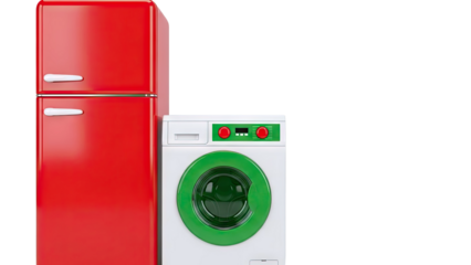 Red retro refrigerator and white washing machine with green trim