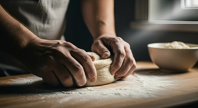 Close-up of Artisan Hands Kneading Wholesome Sourdough Bread Dough with Flours and Yeast Starter