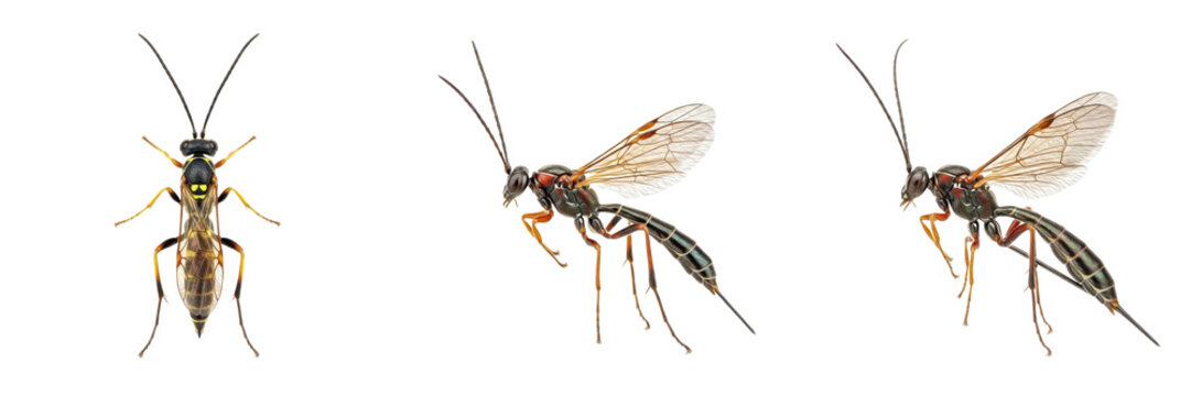 Collection of Ichneumon Wasp (Ichneumonidae) Parasitic Wasp Species Known for Slender Body and Long Ovipositor for Insect and Nature Study isolated on white transparent PNG background