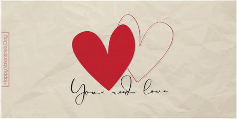 Trendy Vintage Happy Valentine's day card with hearts on old paper. You need love.. Trendy scrapbook styled card. Vector illustration.