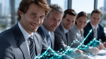 Confident business professionals analyze a glowing digital graph, discussing financial growth and future success in a modern office.