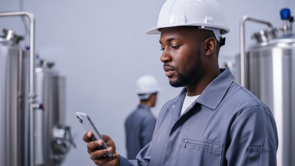 Focused male brewery worker in gray uniform and safety helmet checking smartphone while standing near stainless steel fermentation tanks in modern industrial production facility