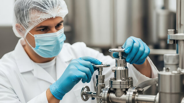Focused technician in sterile uniform adjusts stainless steel valve system in modern pharmaceutical production facility ensuring precise control and hygienic industrial processing