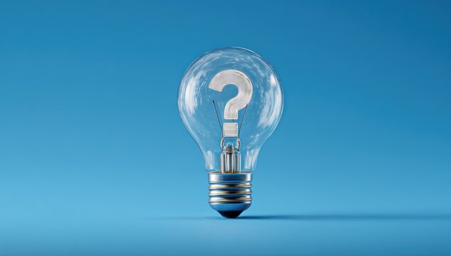 Lightbulb with question mark filament against solid blue background.