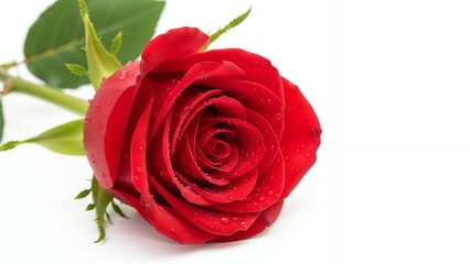 Extreme close up of a vibrant red rose bloom covered in small dew drops resting on a clean white surface with soft green foliage visible flower romantic love nature floral plant closeup
