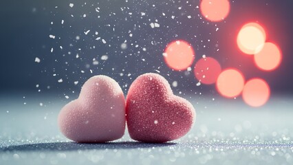 Fototapeta premium Two textured pink heart shaped candies covered in frost or sugar sit closely together while snow or glitter falls under warm red bokeh lights love candy romance valentine winter hearts