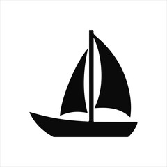 Black vector icons showing sailing boat waves and speedboat with sunrise over river flowing in minimalist flat design style showing water travel and marine elements in simple shapes