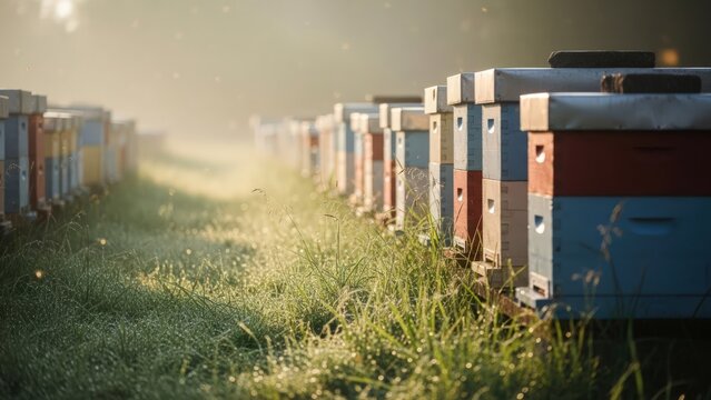 Morning sun illuminates long rows of traditional beehives in a dewy, grassy field