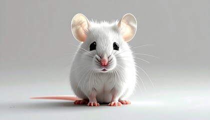 A cute white mouse with large ears and pink nose sits on a plain background.