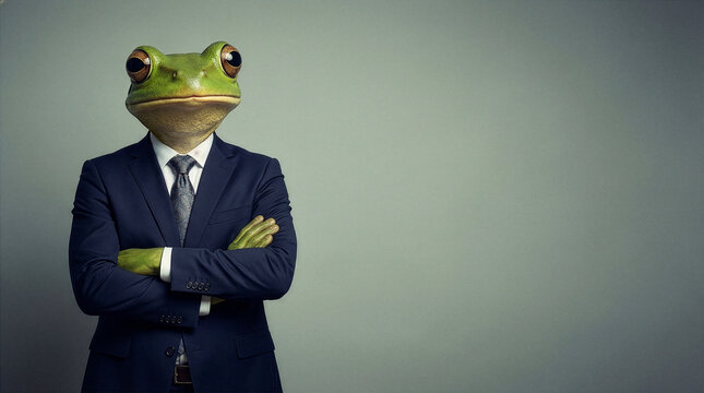 Funny Business Frog in a Suit, Serious Boss Office Worker. Silly Amphibian crossing arms in a winning pose.

