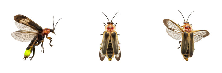 Set/Collection of firefly insects (Lampyridae family) glowing for nature, entomology, biology and wildlife illustration isolated on transparent PNG background © Kingg