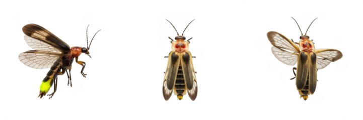Set/Collection of firefly insects (Lampyridae family) glowing for nature, entomology, biology and wildlife illustration isolated on transparent PNG background