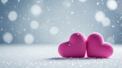 Two bright pink fuzzy hearts rest close together on sparkling white snow while gentle snowflakes fall around them in soft light winter romance love valentine falling bokeh cold celebration