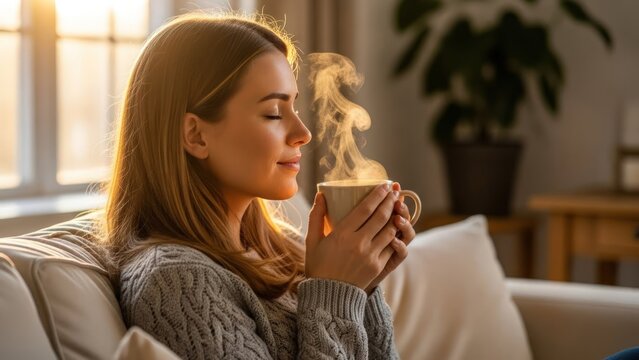 Woman relaxing on sofa, eyes closed, enjoying steaming mug in warm sunlight through a window