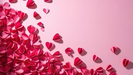 Obraz premium Many vibrant pink paper hearts cascade across a lighter pink surface creating a romantic border and copy space composition paper craft Valentines Day love romance decoration shadow