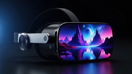 Sleek virtual reality headset displaying a vibrant, alien mountain landscape with planets and a reflective lake