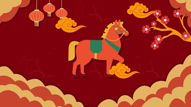 ​Chinese New Year of the Horse Animation - Festive Paper Cut Style Background with Lanterns and Fireworks