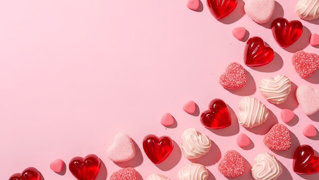 An assortment of red jelly pink sugar dusted and white chocolate heart shaped candies scattered artistically across a light pink surface heart candy Valentine sweets love romantic confectionery
