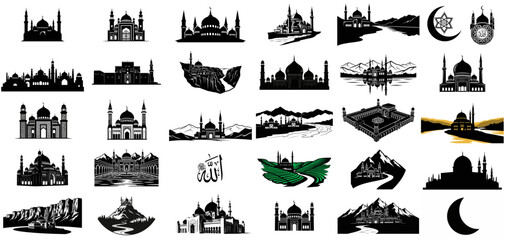 architectural alchemy symbolic silhouettes bridging islamic legacy with natural grandeur set, isolated on transparent background