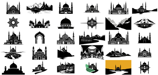 contoured devotion evocative silhouettes merging sacred structures with natural beauty set, isolated on transparent background