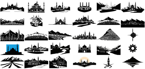 journeying faith iconic mosques harmonizing with majestic landscapes and urban horizons set, isolated on transparent background