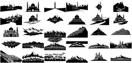 sacred silhouettes guiding lights across majestic landscapes and urban skylines set, isolated on transparent background
