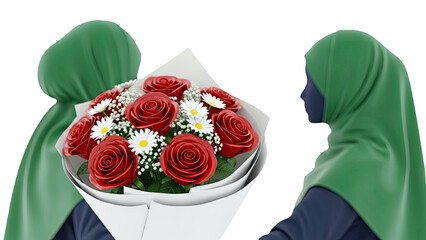 Two figures in green hijabs exchanging a bouquet of red roses and daisies