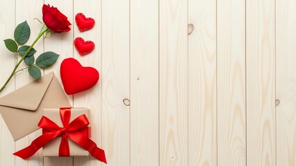 A single red rose a wrapped gift with satin ribbon an envelope and several red hearts arranged on a light wooden surface with empty copy space valentine love present romance celebration